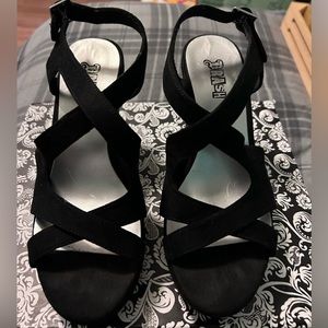 Black suede open toe wedges
